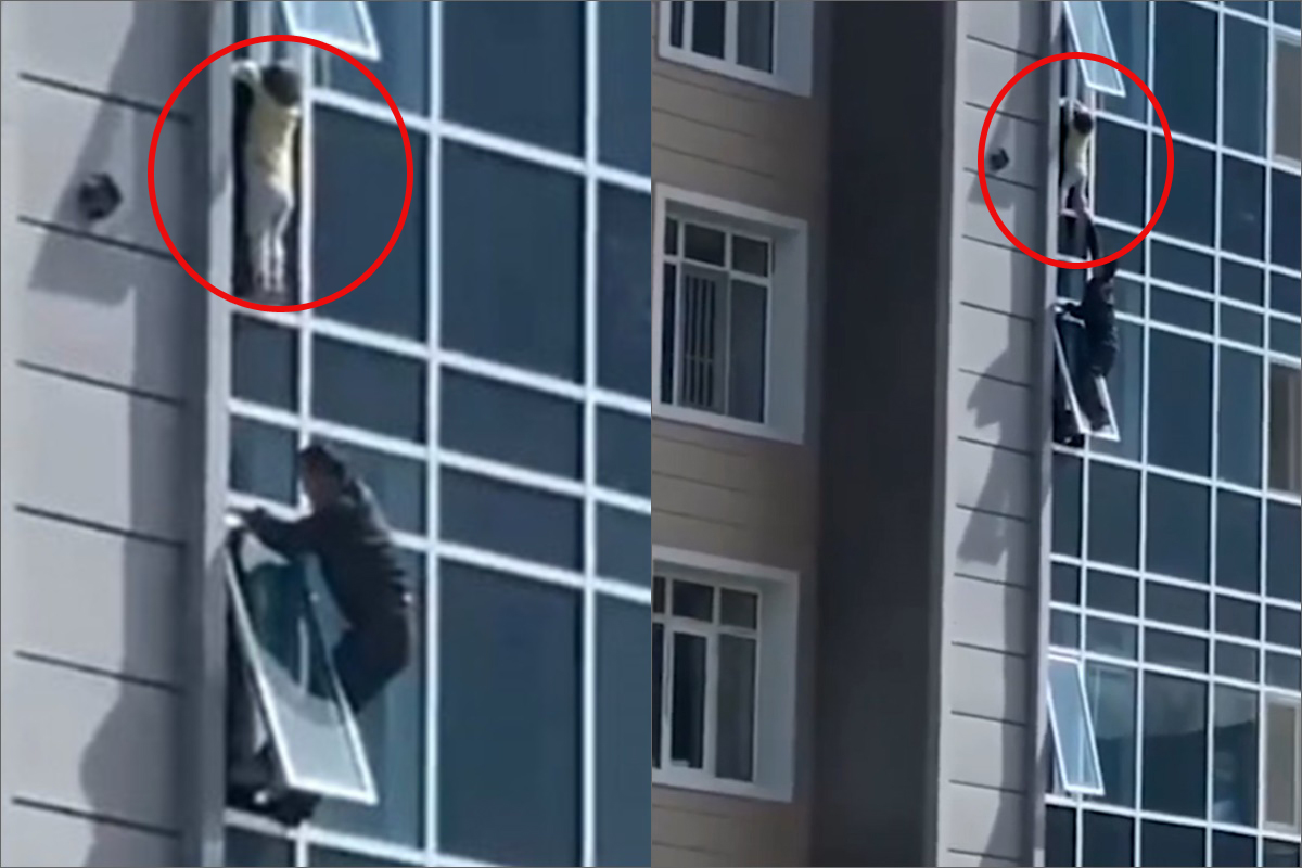 Binanın səkkizinci mərtəbəsindən sallanan üç yaşlı uşağı xilas etdi - VİDEO