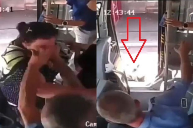 Sumqayıtda DƏHŞƏT: Sürücü onu təhqir edən qadını təpiklə avtobusdan atdı - VİDEO